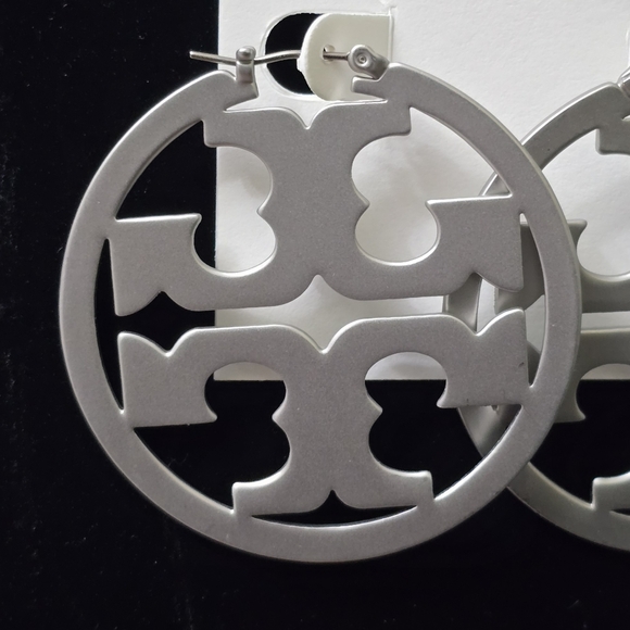 Tory Burch Miller Silvertone Logo Hoop Earrings - Picture 3 of 5